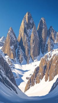 Towering snow-covered mountains rising sharply into a clear blue sky, their jagged peaks glistening in the sunlight, creating a sense of awe and grandeur.