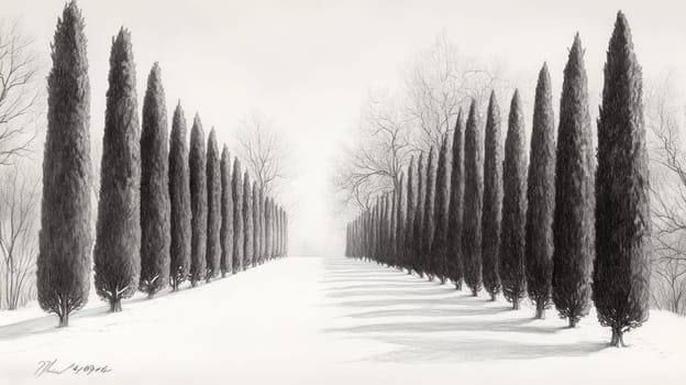 A row of evergreen trees lining a snow-covered path in a quiet forest, standing tall and steady as if guarding the stillness of the winter landscape.
