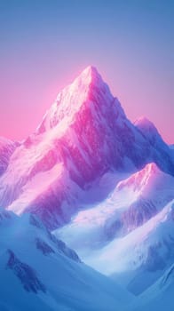 Snow-covered mountain peaks glowing with a soft pink hue as the last light of the day touches their summits, creating a breathtaking and magical moment.