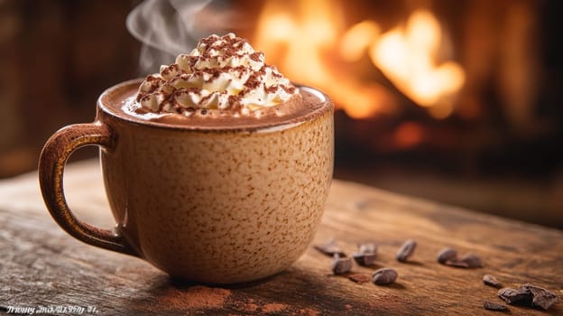 A steaming mug of hot cocoa topped with whipped cream and a sprinkle of cocoa powder, placed on a rustic wooden table by a crackling fireplace.