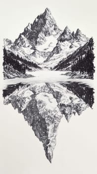 A snow-covered mountain range reflecting perfectly in the still, glass-like surface of a frozen lake, creating a mirror image of the majestic peaks above.