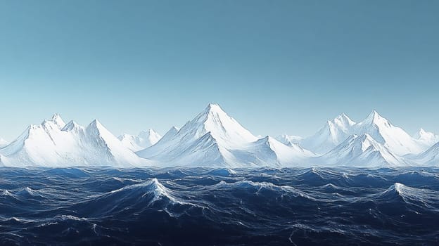 A distant view of snow-covered mountains stretching across the horizon, their white summits contrasting with the deep blue of the sky above.