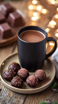 A rich, dark mug of hot cocoa placed beside a plate of chocolate truffles, illuminated by the soft glow of fairy lights, creating a luxurious evening moment.