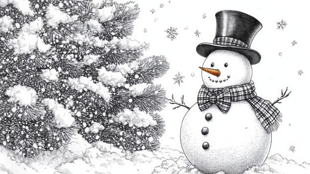 A stylish snowman wearing a top hat, bow tie, and a plaid scarf, standing proudly in front of a snow-covered evergreen tree, with fresh snowflakes falling.