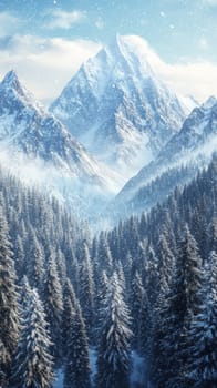 Snow-covered mountains towering silently over a dense evergreen forest, the trees dusted with snow, creating a tranquil and untouched winter scene.