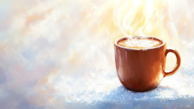 A steaming mug of hot cocoa on a frosted windowsill, with sunlight streaming in and casting a golden glow on the warm, rich beverage.