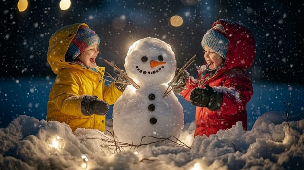 A snowman being built by two children in bright winter coats, with the snowman’s half-formed body and twig arms taking shape, surrounded by laughter and joy.