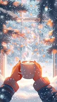 A person holding a warm mug of hot cocoa, hands wrapped around it for warmth, as snow gently falls outside a frosted window in the background.