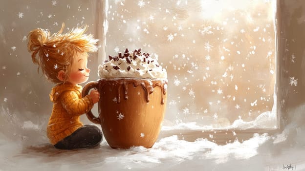 A child holding a large mug of hot cocoa, topped with whipped cream and chocolate shavings, sitting by a window with snowflakes swirling outside.