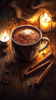 A mug of hot cocoa set on a table lit by soft candlelight, with cinnamon sticks resting beside it and a gentle glow filling the cozy room.