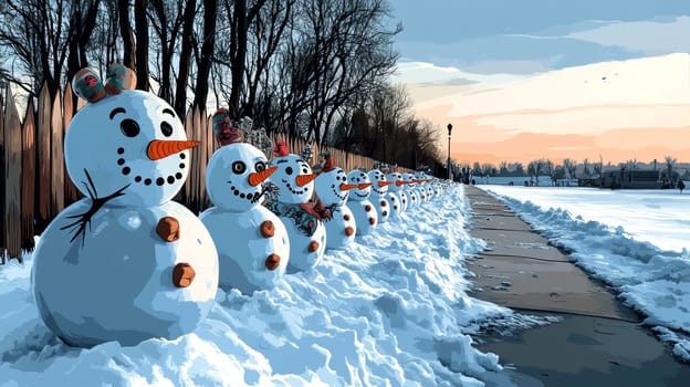 A row of small snowmen built by children, all with unique expressions and decorations, lined up along a snowy sidewalk after a day of playful fun.