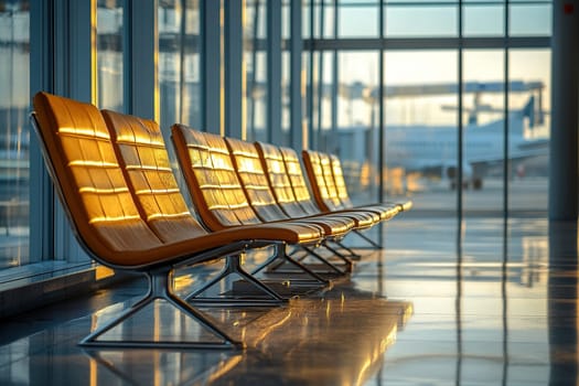 A row of empty seats in an airport waiting room with large panoramic windows overlooking the planes parked outside.