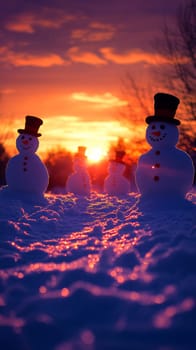 Snowmen silhouetted against a vibrant orange and purple sunset, their shapes casting long shadows across the sparkling snow, creating a peaceful winter scene.
