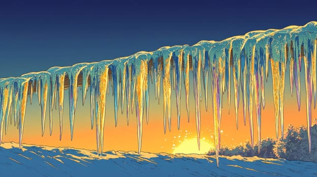 Long icicles hanging from the edge of a roof, catching the light of the setting sun, casting golden and blue hues across the frozen, translucent surfaces.