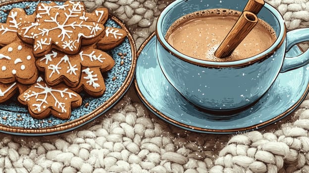 A cup of hot cocoa with a cinnamon stick stirring inside, set next to a plate of gingerbread cookies on a knit blanket, creating a festive winter scene.