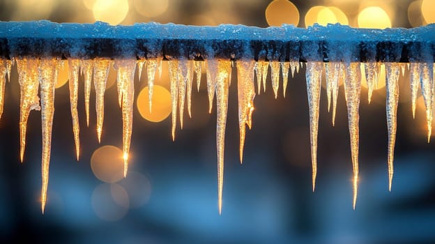 Long icicles hanging from the edge of a roof, catching the light of the setting sun, casting golden and blue hues across the frozen, translucent surfaces.