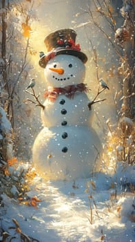 A snowman standing quietly in a snowy garden, with small birds perched on its arms and hat, creating a peaceful and heartwarming winter scene.