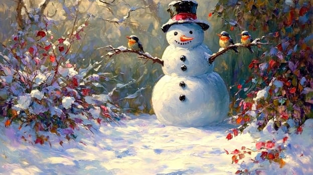 A snowman standing quietly in a snowy garden, with small birds perched on its arms and hat, creating a peaceful and heartwarming winter scene.