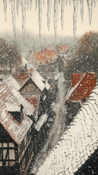 Icicles dangling from a snow-covered roof, with snow softly falling in the background, creating a cozy, quiet winter moment in a rustic village setting.