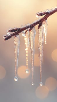 A close-up of small icicles dripping slowly from the edge of a branch, with each droplet catching the light, frozen mid-air as tiny beads of ice.