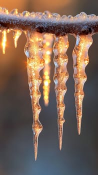 A close-up of small icicles dripping slowly from the edge of a branch, with each droplet catching the light, frozen mid-air as tiny beads of ice.