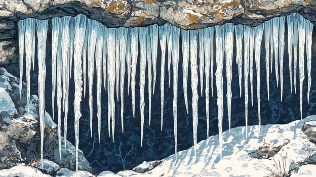 A curtain of icicles hanging down from a rock ledge, with delicate frost patterns on the surface, creating an ethereal, crystalline winter scene.