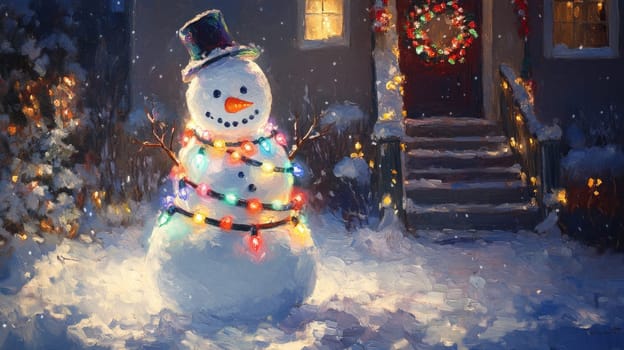 A cheerful snowman illuminated by Christmas lights, with colorful bulbs wrapped around its body, standing in a snowy front yard full of glowing decorations.