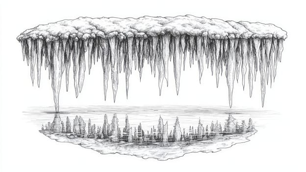 Icicles hanging over a calm, frozen lake, their reflection perfectly mirrored in the icy water below, creating a pristine and tranquil winter scene.