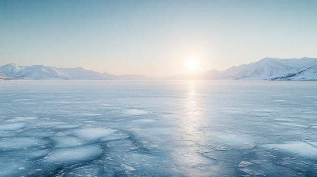 A vast frozen lake stretching to the horizon, with the distant snow-capped mountains and a pale winter sun hanging low in the sky, casting a soft light.