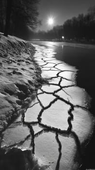 A frozen lake with large cracks running across the ice, each crack creating intricate patterns while the snow-covered shoreline remains still and untouched.