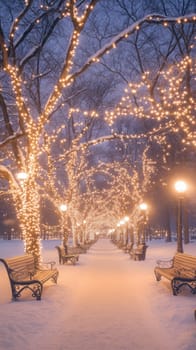 A snow-covered park with trees draped in warm white Christmas lights, casting a soft glow over the benches and pathways, creating a serene and inviting atmosphere.