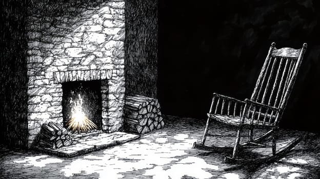 A small fireplace in a quiet, dimly lit room, with a stack of firewood beside it and a rocking chair casting long shadows as the firelight dances on the walls.