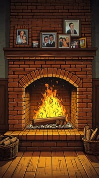 A brick fireplace in a traditional home, with a roaring fire and a basket of logs nearby, the room filled with a warm glow as family photos adorn the mantel.
