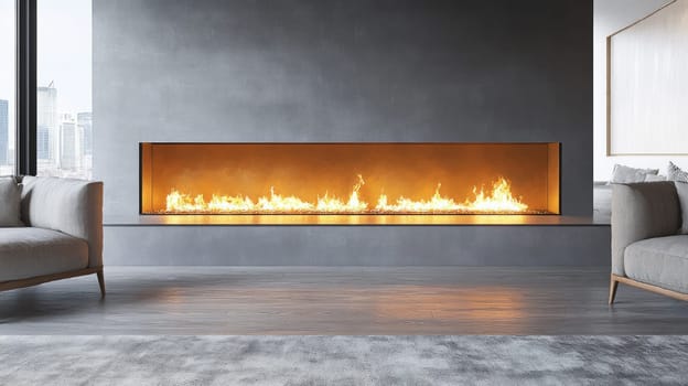 A modern fireplace in a sleek living room, with a crackling fire and soft armchairs nearby, creating a perfect setting for a relaxed winter evening indoors.