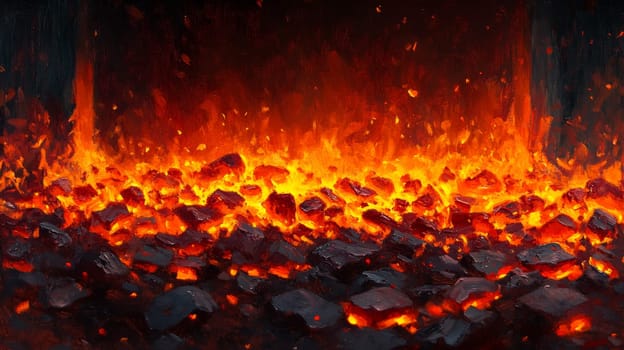 A close-up of glowing embers in a fireplace, with the orange and red flames gently flickering, casting warmth and light over the room, creating an intimate moment.
