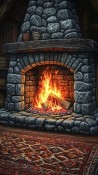 A crackling fire in a rustic stone fireplace, with glowing embers and flickering flames, casting a soft orange glow over a cozy living room with a woolen rug.