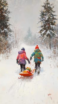 Two friends pulling a sled uphill through deep snow, bundled up in colorful winter gear, with snowy trees and a gray sky looming in the background.