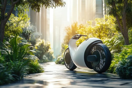 Eco-motorcycle of the future stands in a green part of the city with a view of skyscrapers in the distance. The concept of eco-friendly transport.