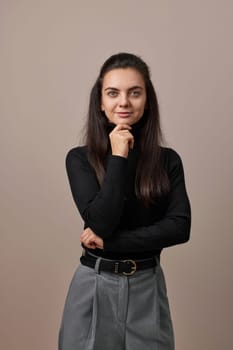 pretty businesswoman lady with crossed arms isolated on gray background