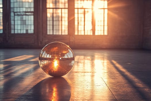 Interior of empty dance studio in grunge style with mirror disco ball lying on the floor.