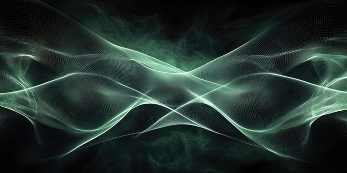 Fluid waves of green light ripple and intertwine in an abstract formation, creating a captivating visual experience that contrasts with the dark surroundings.