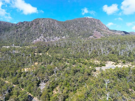 Western Tiers landscape views above Poatina Rd on a warm summer's morning in Tasmania, Australia