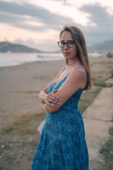 Woman on the beach at the sea in Alanya city, Turkey. Travelling or vacation concept