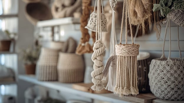 A cozy boutique showcases handmade macrame decor items such as woven baskets and macrame hangings, inviting visitors to explore local artistry and craftsmanship - Generative AI