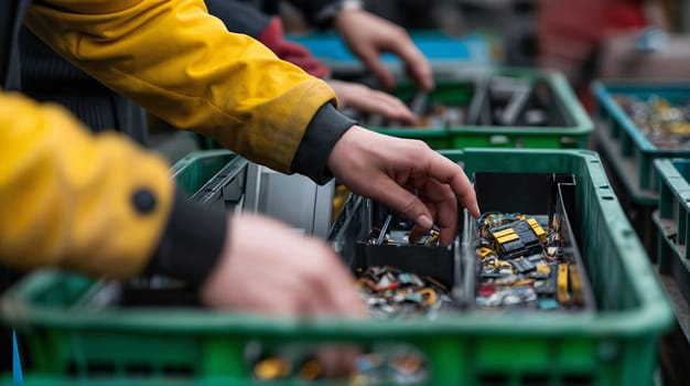 Individuals in yellow jackets are carefully sorting through electronic components in green bins at a recycling facility during the day - Generative AI