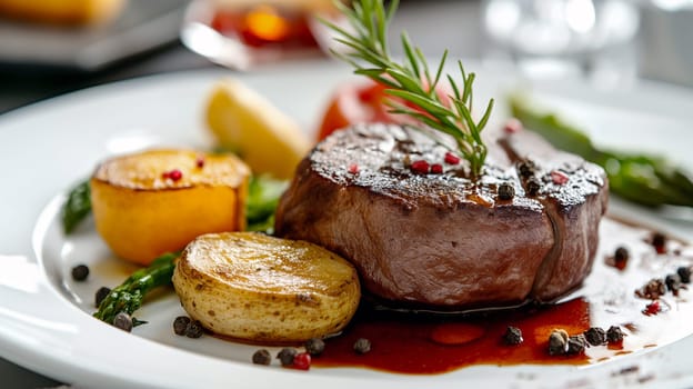 A beautifully presented plate of gourmet steak garnished with herbs, alongside roasted potatoes, asparagus, and tomatoes. The setting is elegant and inviting - Generative AI