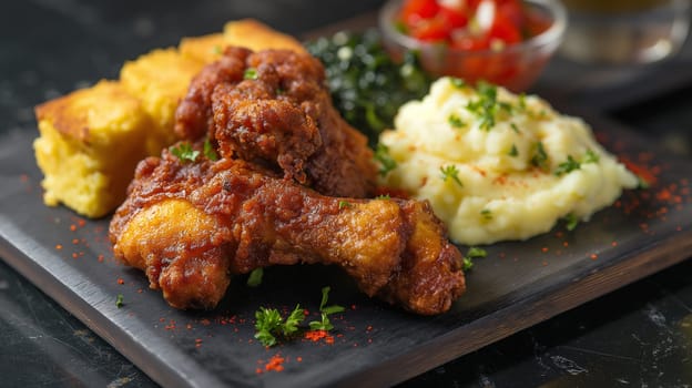 Delicately seasoned fried chicken drumsticks paired with creamy mashed potatoes and a slice of cornbread, garnished with fresh herbs.