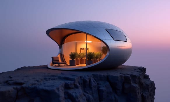 A futuristic capsule-style home sits on a rocky cliff overlooking the horizon during sunset, radiating warmth from its cozy interior and plants - Generative AI