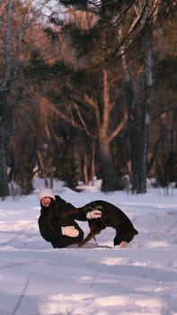 playing with a dog in nature. Doberman puppy with his owner. running with a puppy in the forest. winter frosty day in nature. puppy playing with its owner. raising a dog.