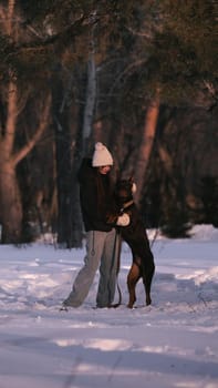 playing with a dog in nature. Doberman puppy with his owner. running with a puppy in the forest. winter frosty day in nature. puppy playing with its owner. raising a dog.